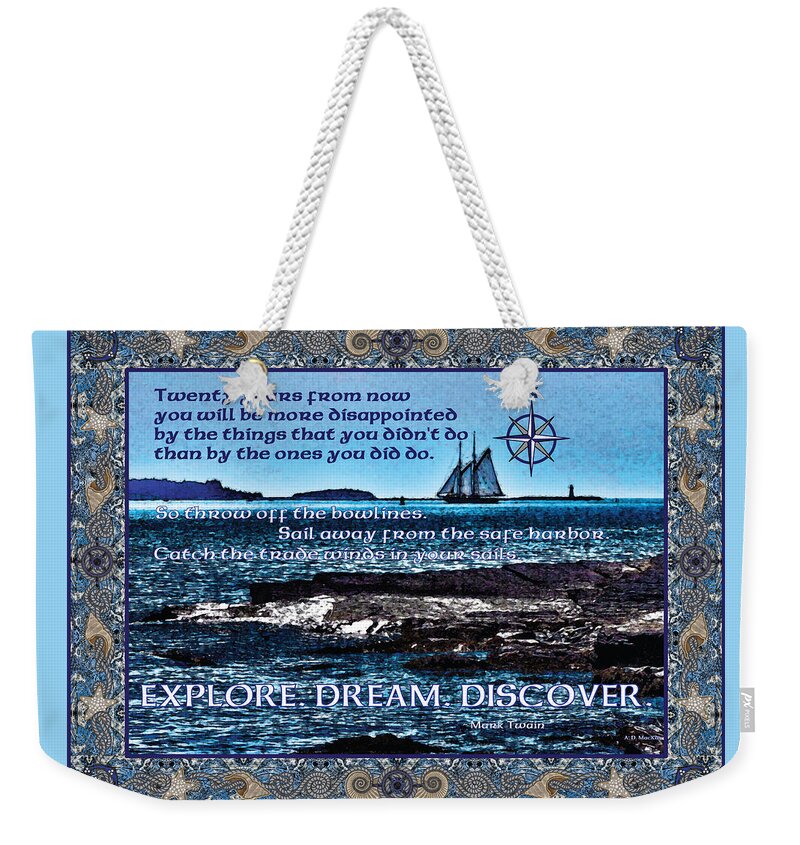 Nautical Weekender Tote Bag featuring the digital art Celtic Explorer - Bluenose II in Halifax Harbour by Celtic Artist Angela Dawn MacKay