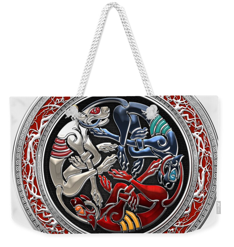 ‘celtic Treasures’ Collection By Serge Averbukh Weekender Tote Bag featuring the digital art Celtic Treasures - Three Dogs on Silver and White Leather by Serge Averbukh