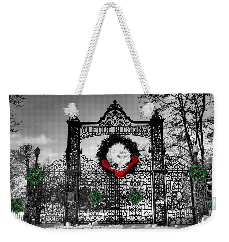 Wrought Iron Gate Weekender Tote Bag featuring the digital art Celtic Yuletide Blessings by Celtic Artist Angela Dawn MacKay
