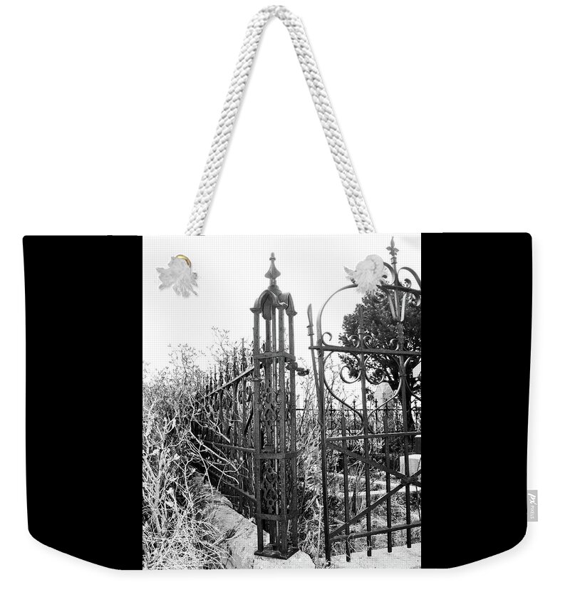 Black And White Weekender Tote Bag featuring the photograph Cemetery Fence Post 3 by Sandra Dalton