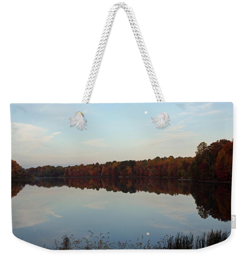 Centennial Weekender Tote Bag featuring the photograph Centennial Lake Autumn - Reflective Moon over the Lake by Ronald Reid