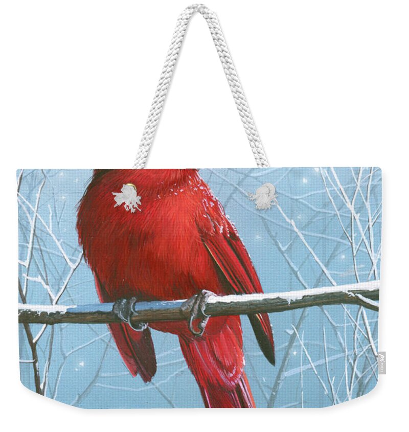Red Bird Weekender Tote Bag featuring the painting Center Stage by Mike Brown