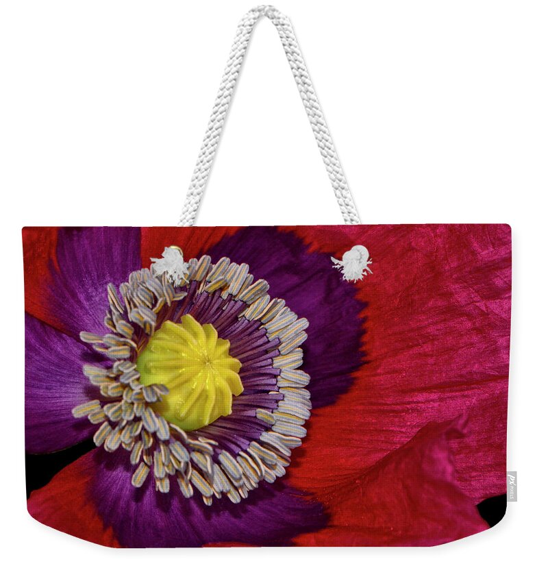 Macro Weekender Tote Bag featuring the photograph Centerpiece - Poppy 041 by George Bostian