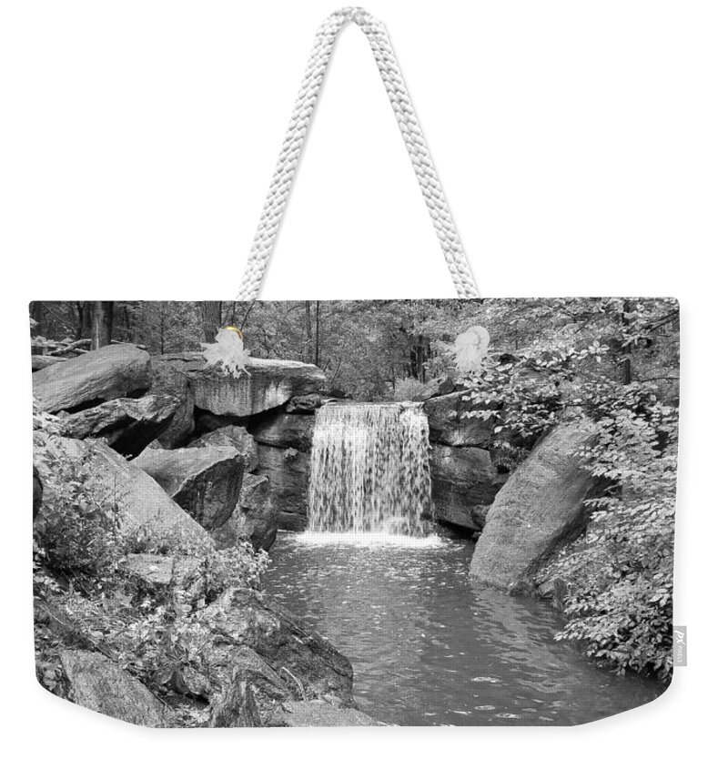 Art Weekender Tote Bag featuring the photograph Central Park Waterfall 2 B W by Rob Hans