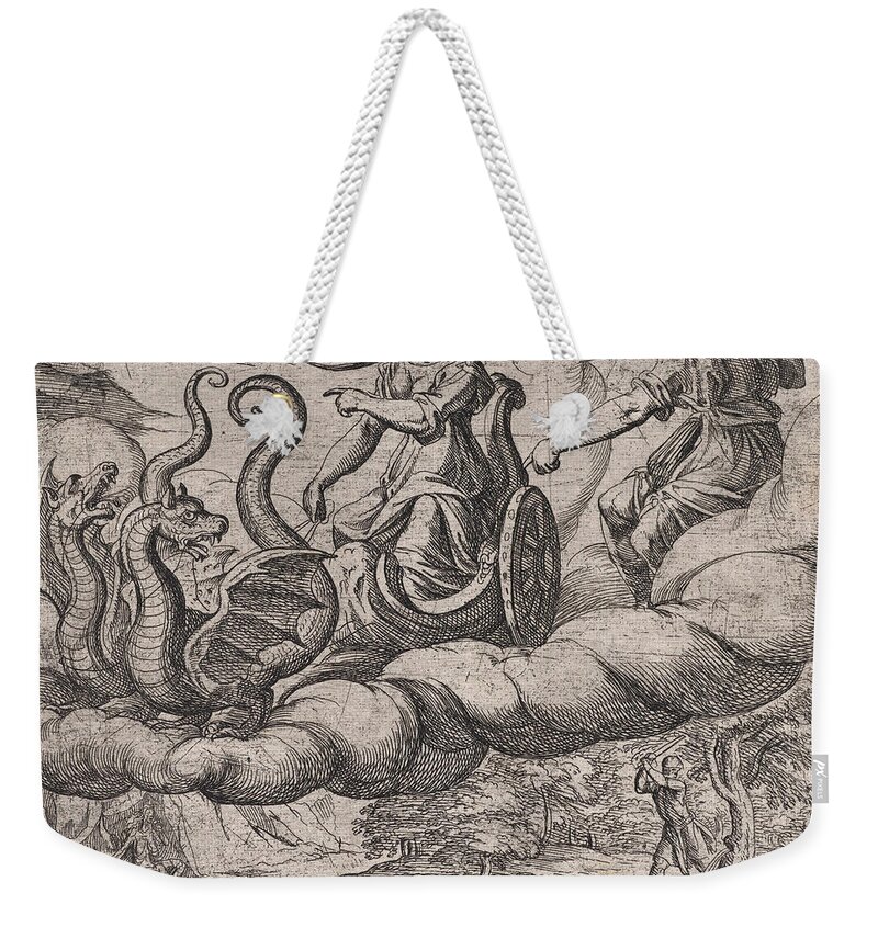 Antonio Tempesta Weekender Tote Bag featuring the drawing Ceres Ordering Erysichthon's Punishment by Antonio Tempesta