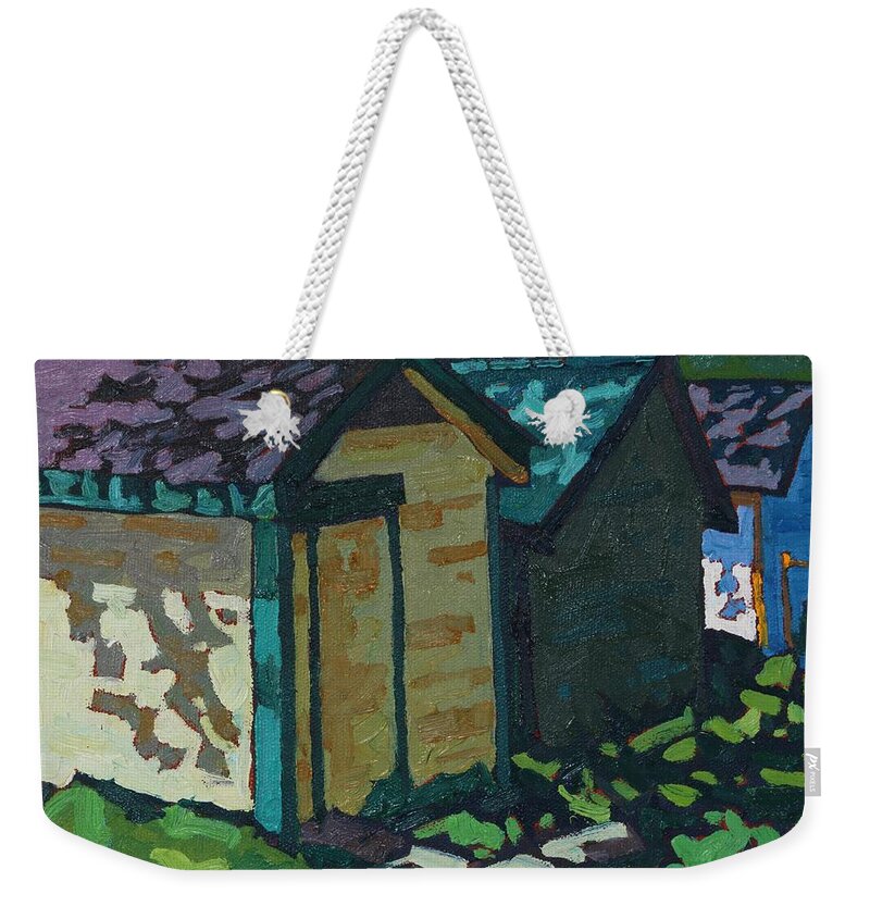 1948 Weekender Tote Bag featuring the painting Chaffey Boat Houses by Phil Chadwick
