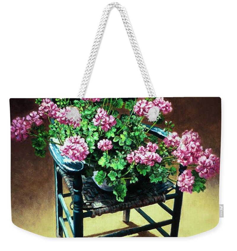 Flowers Weekender Tote Bag featuring the painting Chair with Geraniums by Marie Witte