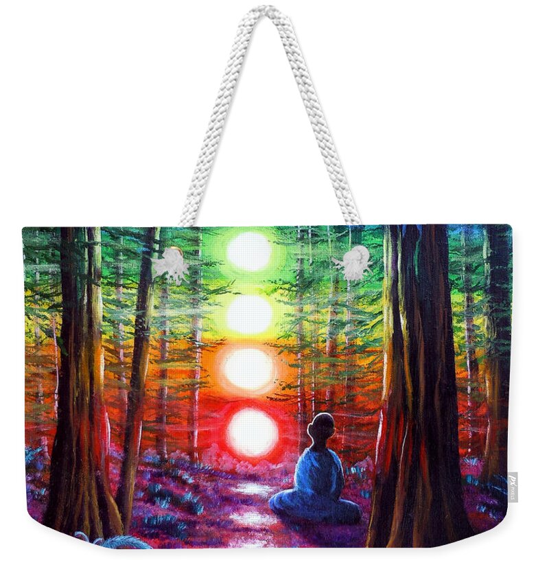 Zen Weekender Tote Bag featuring the painting Chakra Meditation in the Redwoods by Laura Iverson