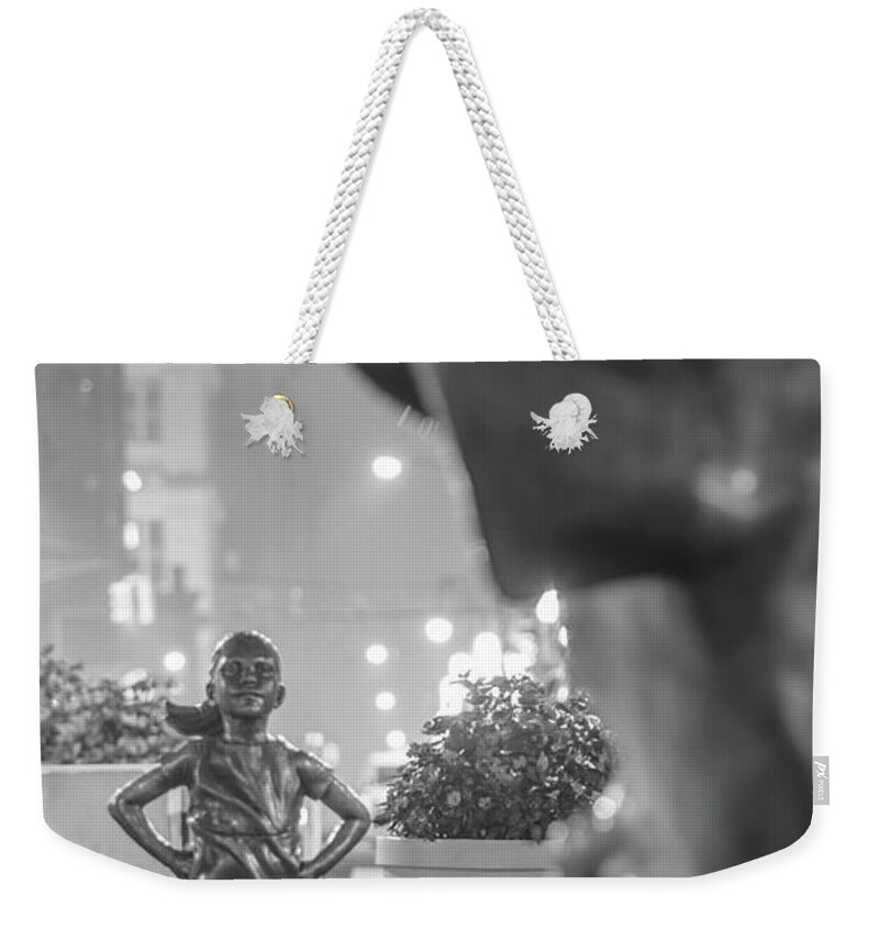 B&w Weekender Tote Bag featuring the photograph Charging Bull and Fearless Girl NYC by John McGraw