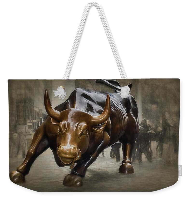 New York Bull Weekender Tote Bag featuring the photograph Charging Bull by Dyle Warren