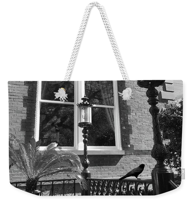 Charleston Weekender Tote Bag featuring the photograph Charleston French Quarter Architecture - Window Street Lanterns Gothic French Black White Art Deco by Kathy Fornal