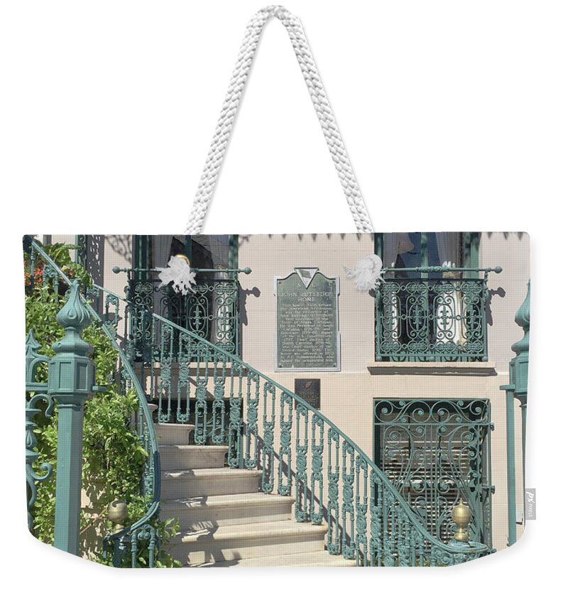 Charleston Aqua Teal Staircase Weekender Tote Bag featuring the photograph Charleston Historical John Rutledge House - Aqua Teal Gate Staircase Architecture - Charleston Homes by Kathy Fornal