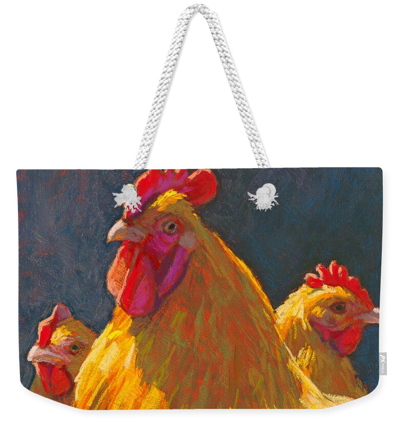 Rita Kirkman Weekender Tote Bag featuring the pastel Charlie's Chickens by Rita Kirkman