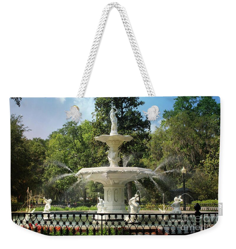Savannah Georgia Weekender Tote Bag featuring the photograph Charming Savannah Fountain by Carol Groenen