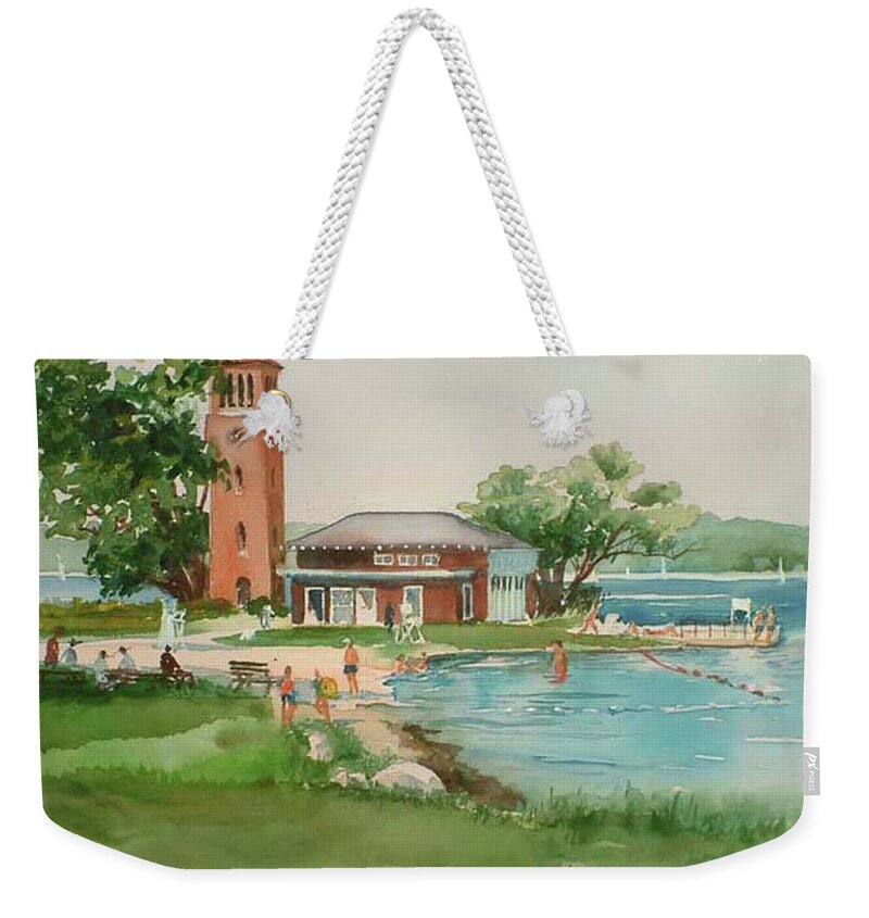 Chautauqua Institution Weekender Tote Bag featuring the painting Chautauqua Bell Tower and Beach by Maryann Boysen