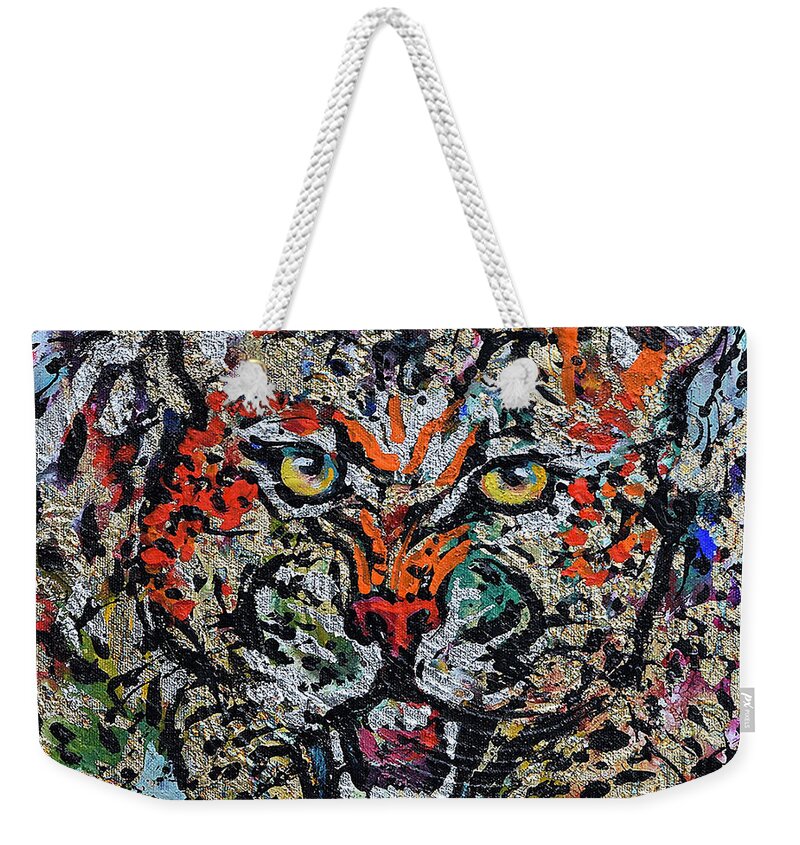 Cheetah Weekender Tote Bag featuring the painting Cheetah Attack by Jyotika Shroff