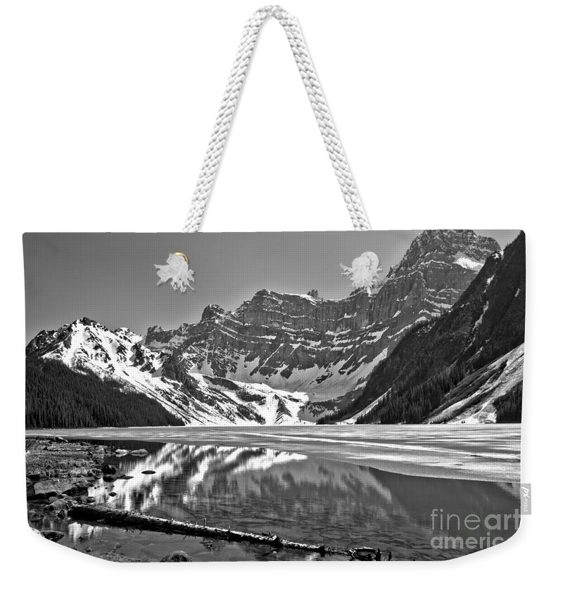 Chephren Lake Weekender Tote Bag featuring the photograph Chehren Lake Reflections Black And White by Adam Jewell
