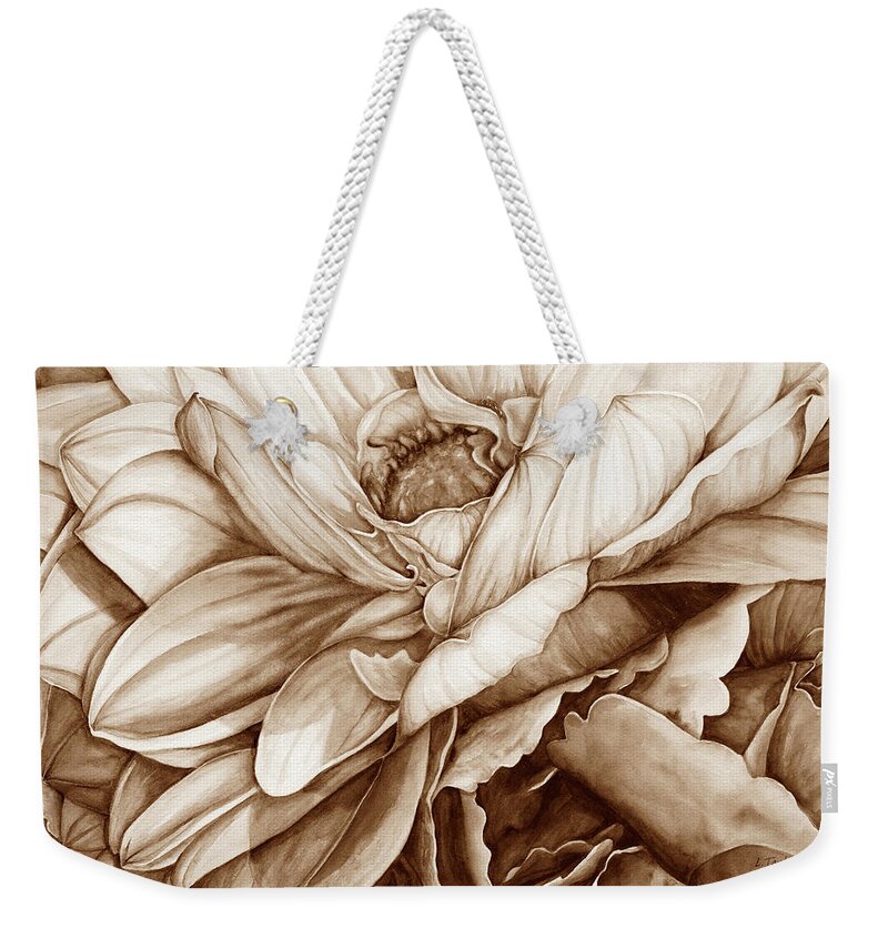 Neutral Dahlia Weekender Tote Bag featuring the digital art Chelsea's Bouquet 2 - Neutral by Lori Taylor