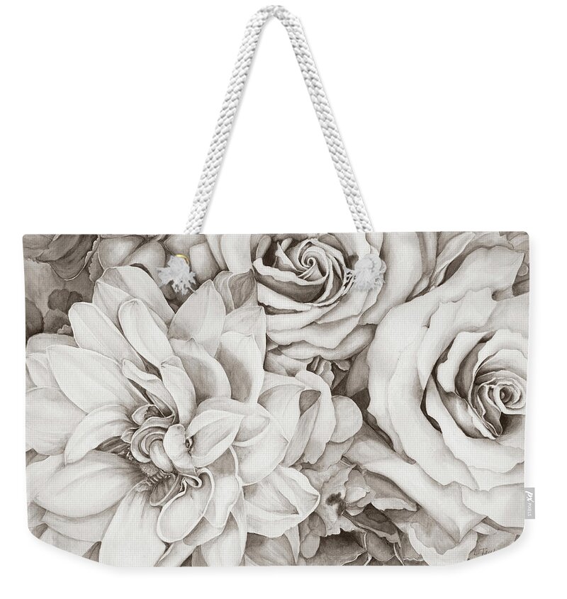 Roses Weekender Tote Bag featuring the digital art Chelsea's Bouquet - Neutral by Lori Taylor