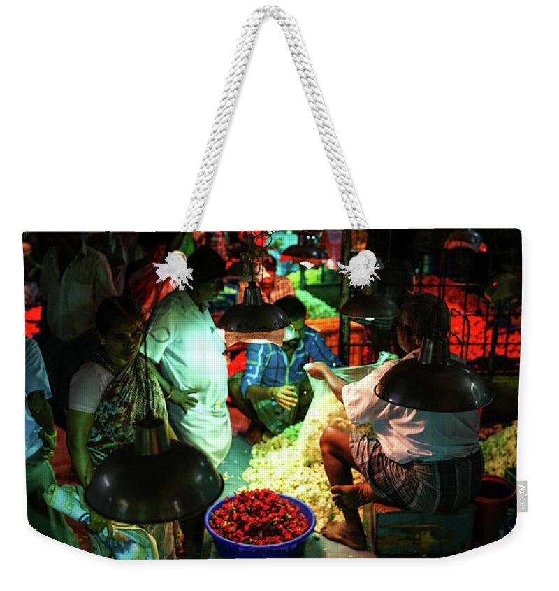 India Weekender Tote Bag featuring the photograph Chennai Flower Market Stalls by Mike Reid