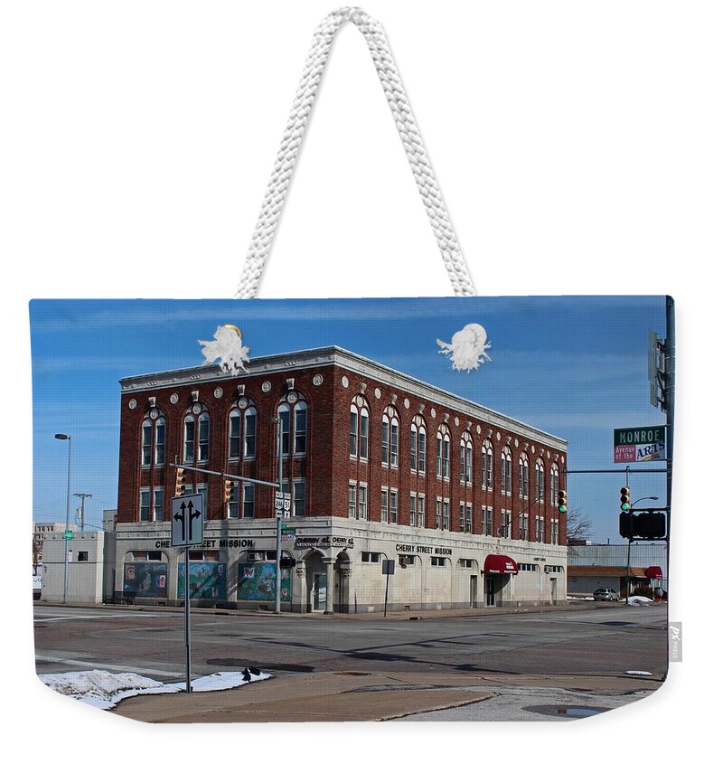 Cherry Street Weekender Tote Bag featuring the photograph Cherry Street Mission in Winter by Michiale Schneider