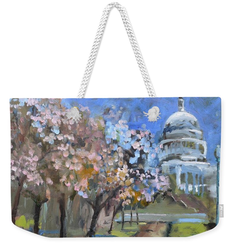 Capitol Weekender Tote Bag featuring the painting Cherry Tree Blossoms in Washington DC by Donna Tuten