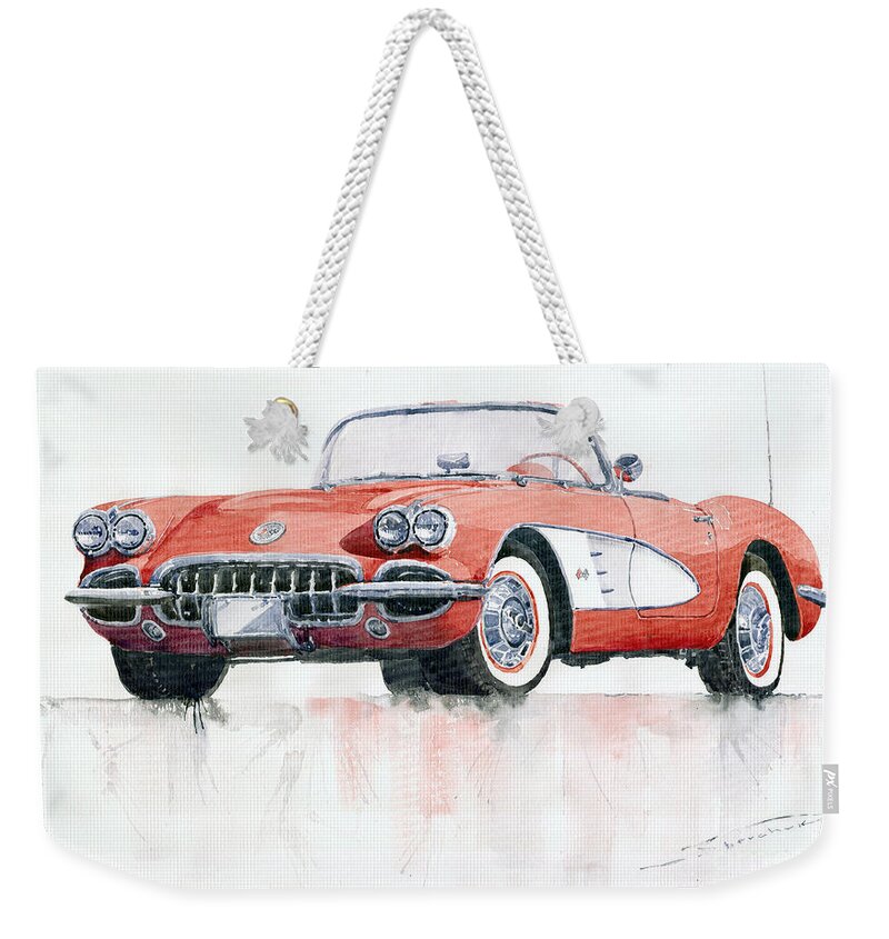 Watercolor Weekender Tote Bag featuring the painting Chevrolet Corvette C1 1960 by Yuriy Shevchuk