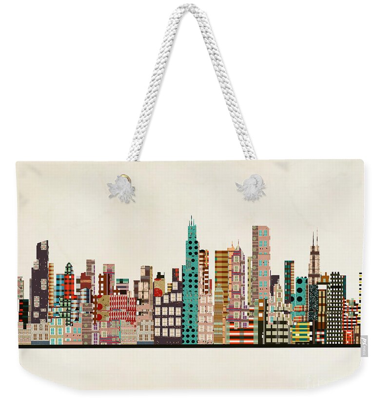 Chicago Weekender Tote Bag featuring the painting Chicago Illinois Skyline by Bri Buckley