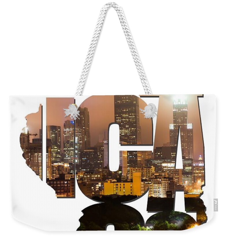 America Weekender Tote Bag featuring the photograph Chicago Illinois Typography - Chicago Skyline From The Rooftop by Gregory Ballos