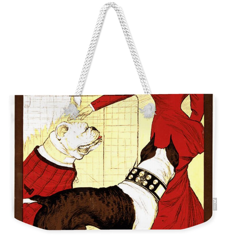 Chicago Weekender Tote Bag featuring the mixed media Chicago Kennel Club's Dog Show - Vintage Advertising Poster by Studio Grafiikka