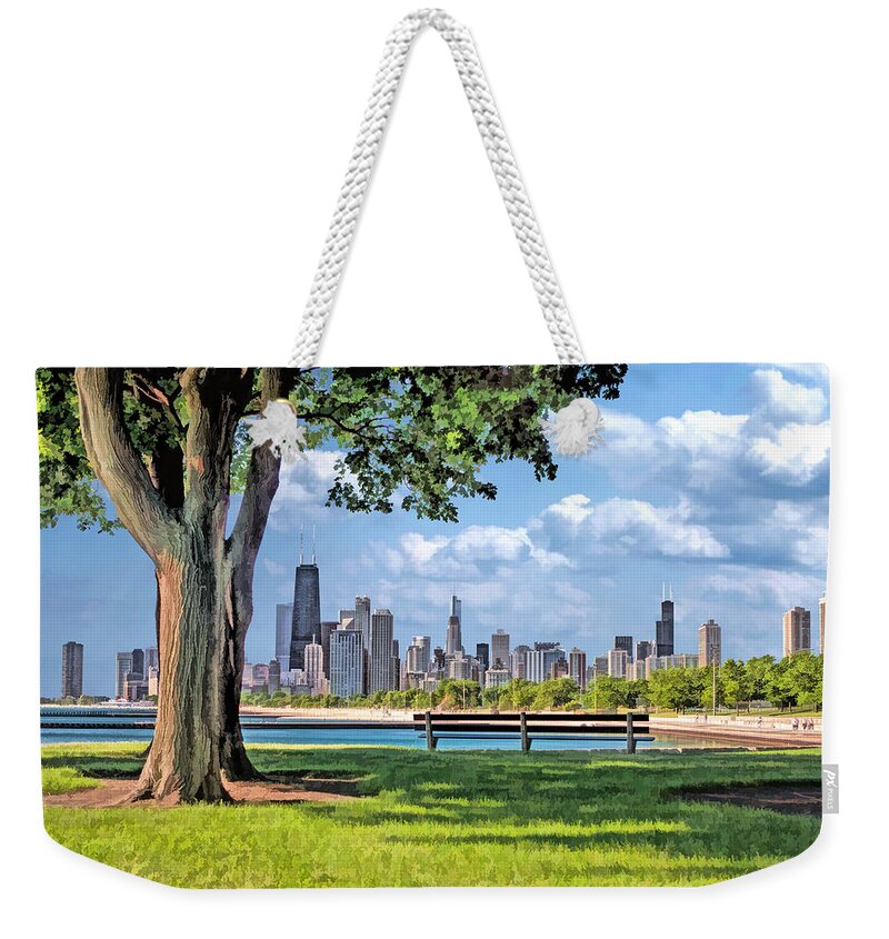 Chicago Weekender Tote Bag featuring the painting Chicago North Skyline Park by Christopher Arndt