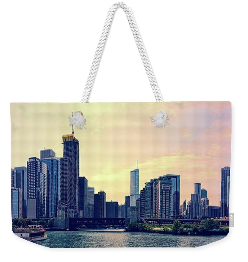 Chicago Weekender Tote Bag featuring the photograph Chicago Skyline and Chicago River by Michelle Calkins