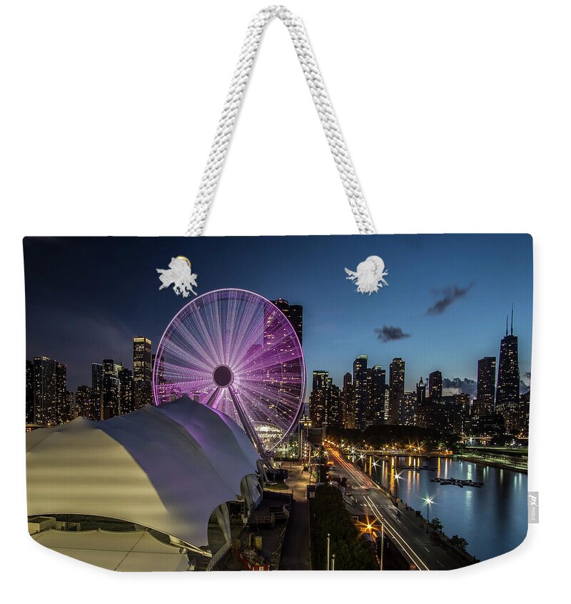Navy Pier Weekender Tote Bag featuring the photograph Chicago Skyline with new ferris wheel at dusk by Sven Brogren