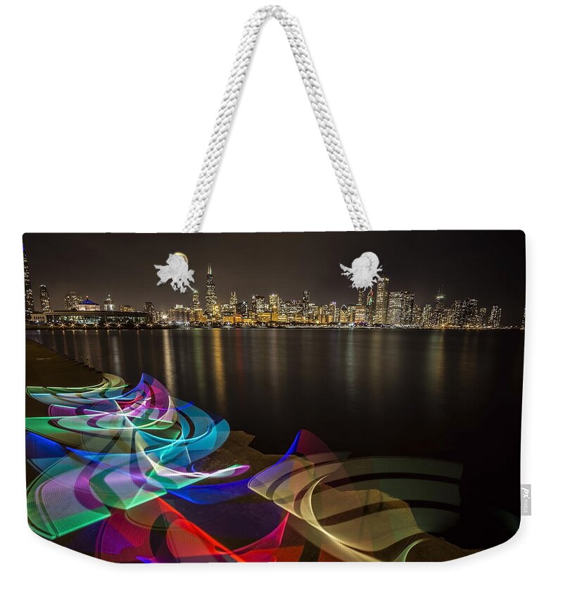 Chicago Weekender Tote Bag featuring the photograph Chicago Skyline with pixel stick painting by Sven Brogren
