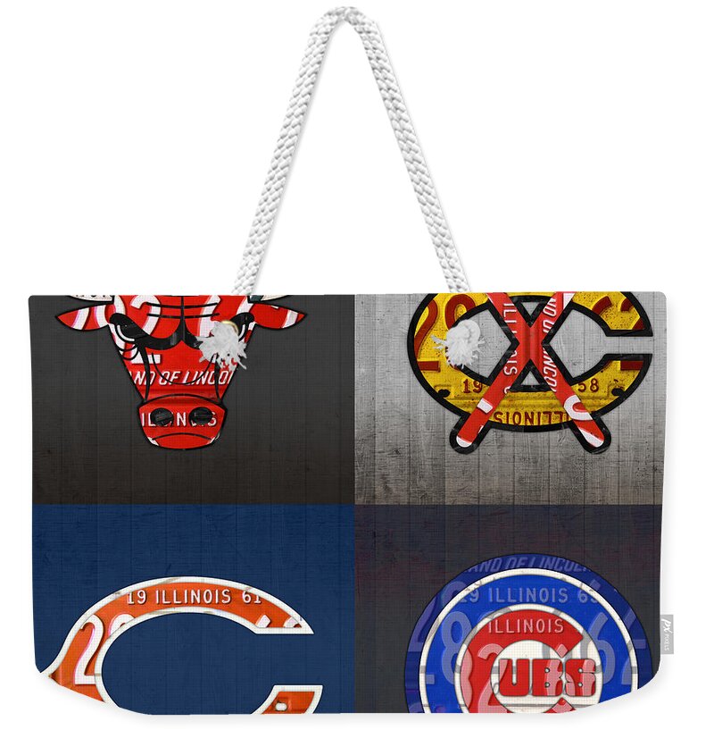 Chicago Weekender Tote Bag featuring the mixed media Chicago Sports Fan Recycled Vintage Illinois License Plate Art Bulls Blackhawks Bears and Cubs by Design Turnpike