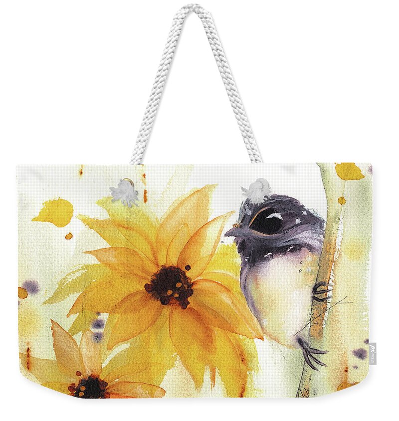 Watercolor Weekender Tote Bag featuring the painting Chickadee and Sunflowers by Dawn Derman