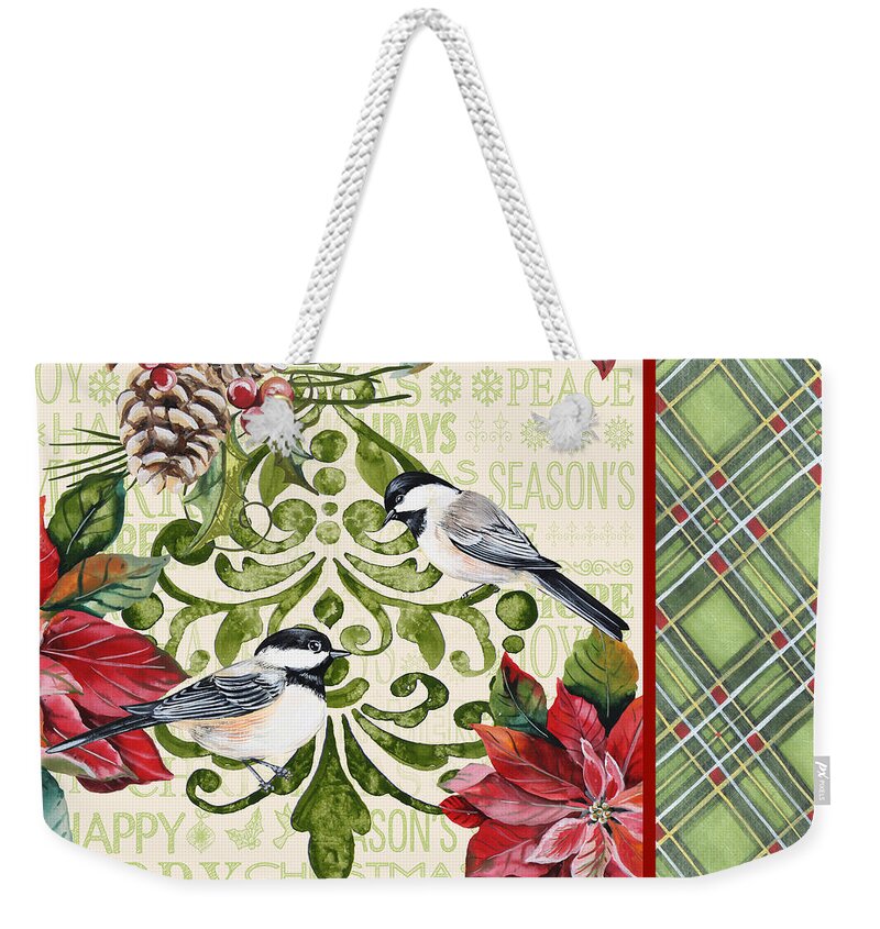 Jjean Plout Weekender Tote Bag featuring the painting Chickadee Holiday-JP3311 by Jean Plout
