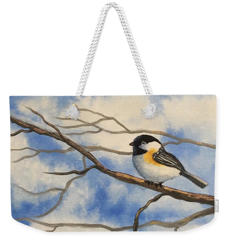 Chickadee Weekender Tote Bag featuring the painting Chickadee on Branch by Brenda Bonfield