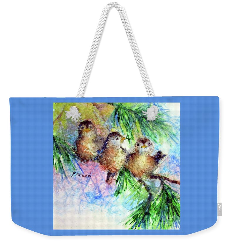 Paintings Weekender Tote Bag featuring the painting Chickadee Trio by Kathy Braud