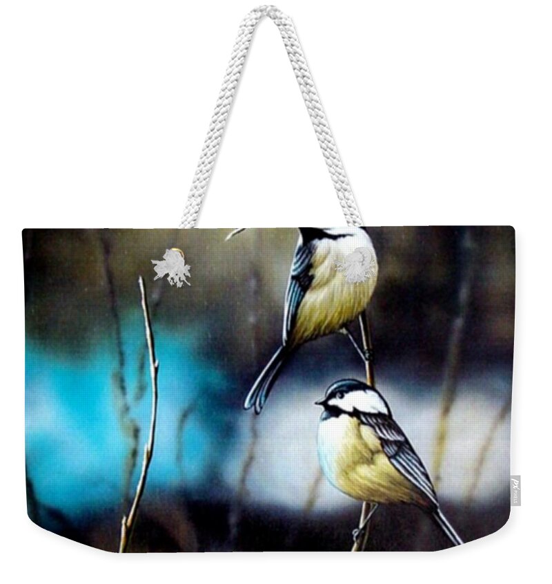 Chickadees Weekender Tote Bag featuring the painting Chickadees by Anthony J Padgett