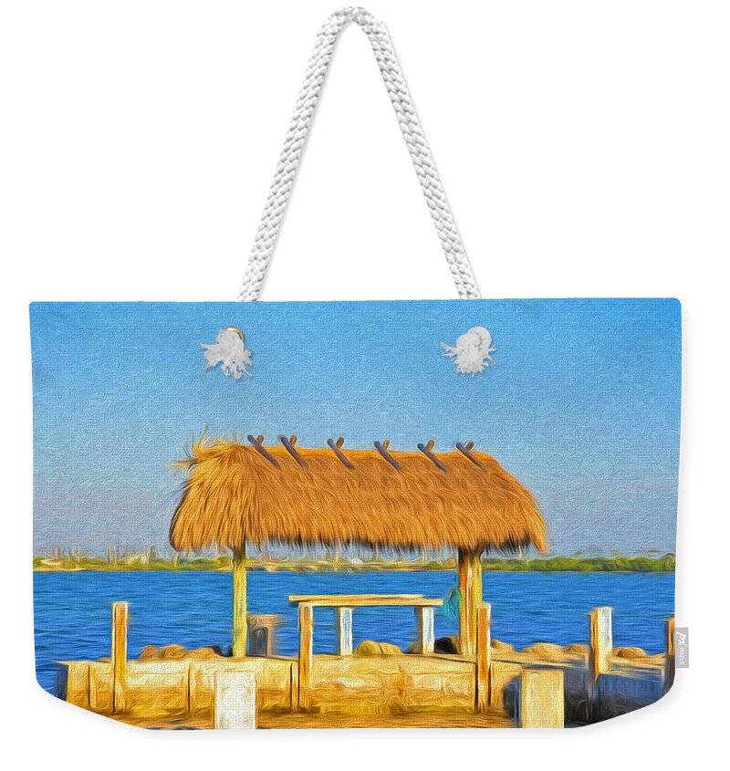 Thatch Weekender Tote Bag featuring the photograph Chickee Hut at Parmer's Resort in Florida Keys by Ginger Wakem