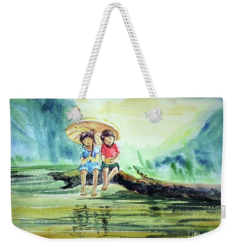 Childhood Weekender Tote Bag featuring the painting Childhood Joys by Asha Sudhaker Shenoy