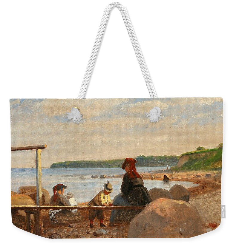 Anton Dorph Weekender Tote Bag featuring the painting Children and their mothers on Lundeborg Beach. Denmark by Anton Dorph