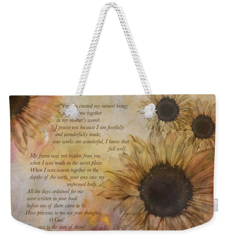 Scripture Weekender Tote Bag featuring the photograph Children are a Heritage Psalm 139 by Eleanor Abramson