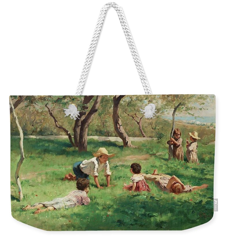 Georg Pauli Weekender Tote Bag featuring the painting Children Playing Outdoors by MotionAge Designs
