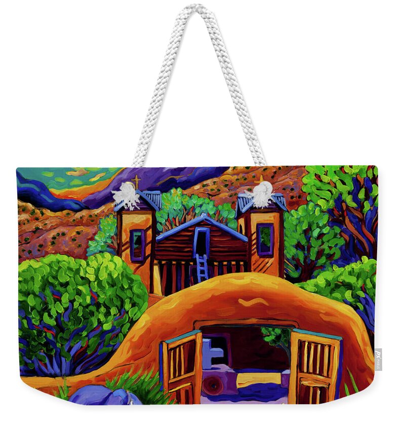 Chimayo Weekender Tote Bag featuring the painting Chimayo Horses Golden Hour by Cathy Carey