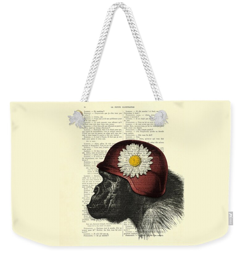 Chimp Weekender Tote Bag featuring the mixed media Chimpanzee with helmet daisy flower dictionary art by Madame Memento