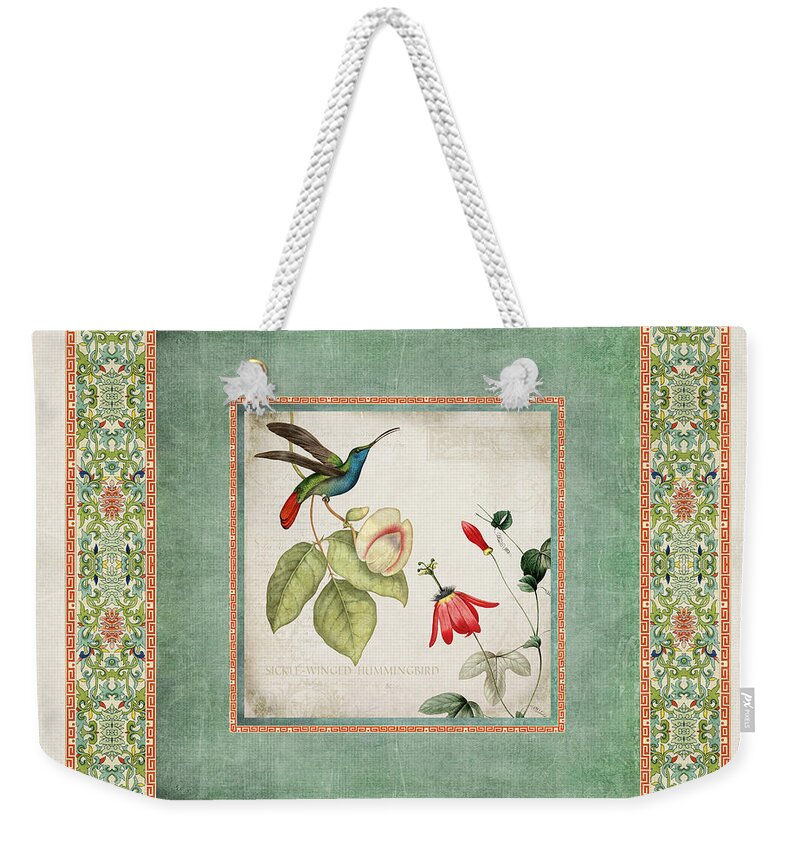 Chinese Ornamental Paper Weekender Tote Bag featuring the digital art Chinoiserie Vintage Hummingbirds n Flowers 2 by Audrey Jeanne Roberts
