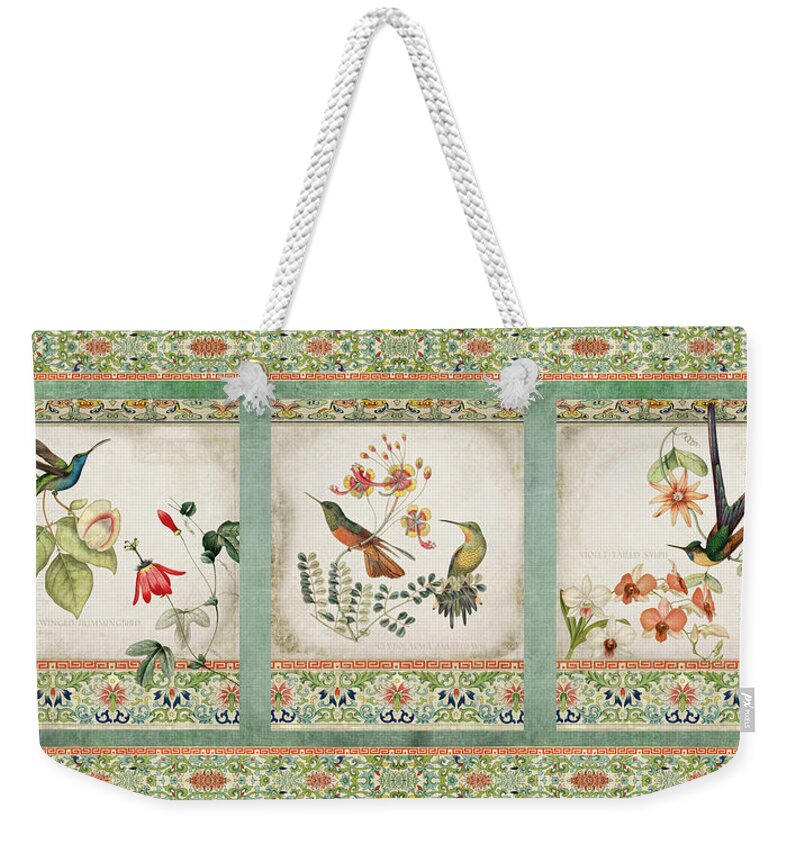 Chinese Ornamental Paper Weekender Tote Bag featuring the digital art Triptych - Chinoiserie Vintage Hummingbirds n Flowers by Audrey Jeanne Roberts