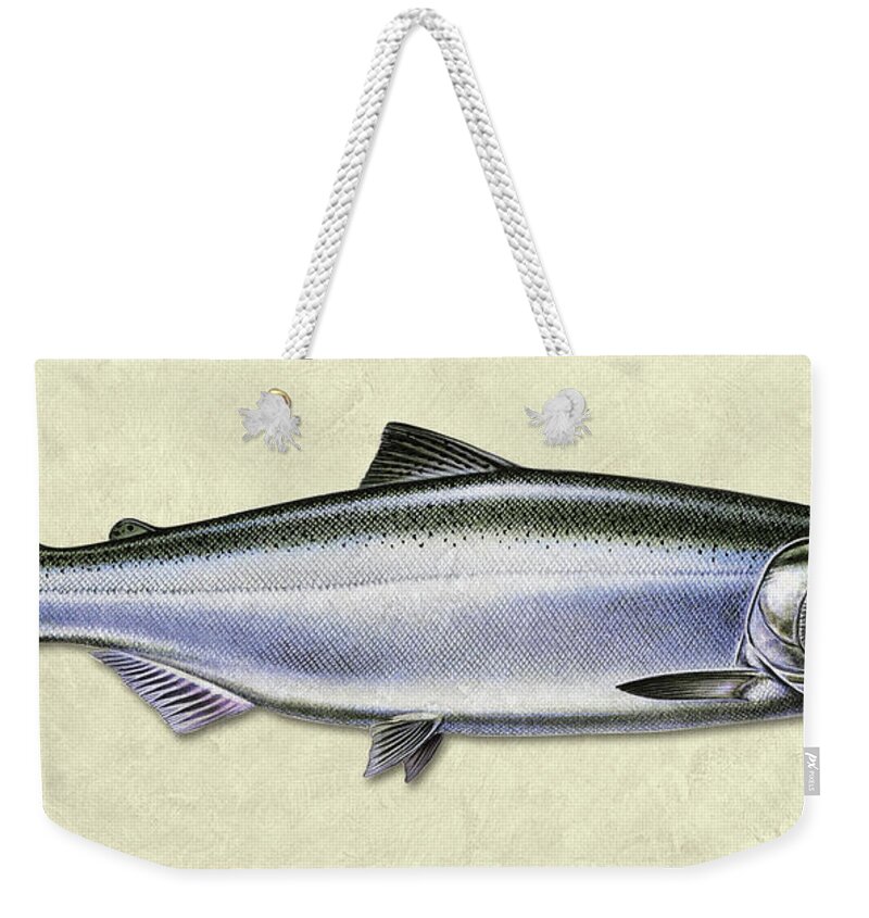 Jon Q Wright Fish Id Print Chinook Salmon Flyfishing Fly Freshwater Weekender Tote Bag featuring the painting Chinook Salmon ID by Jon Q Wright